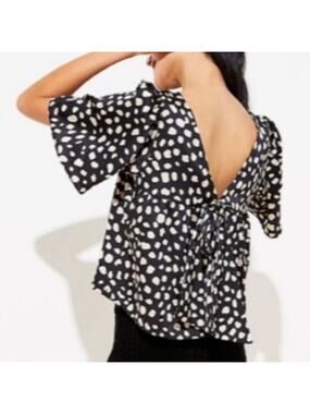 Women Black Dot Crop Bow Back Flowy Blouse M Preppy Breezy Career Modern Flirty